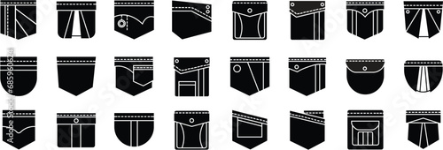 Pocket Icons Set. Men and women shirts, jeans pockets. Casual garment. Black Fill simple illustration of clothing category in store, casual unisex styles. Contour isolated on transparent background.