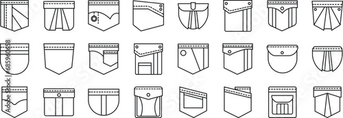 Pocket Icons Set. Men and women shirts, jeans pockets. Casual garment. Simple Line clothing category in store, casual unisex styles editable stock. Contour isolated Vectors transparent background.