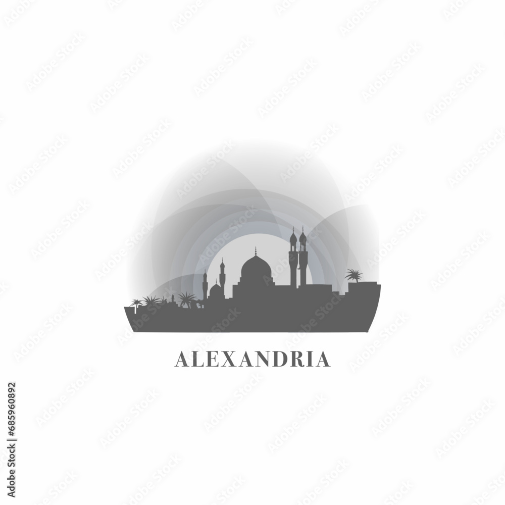 Alexandria cityscape skyline city panorama vector flat logo, modern icon. Egypt emblem idea with landmarks and building silhouettes, isolated clipart at sunset, sunrise, night