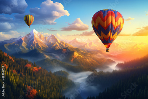 Sunrise over mountains as a hot air balloon floats by, showcasing the serene beauty of nature's landscape. AI Generative.