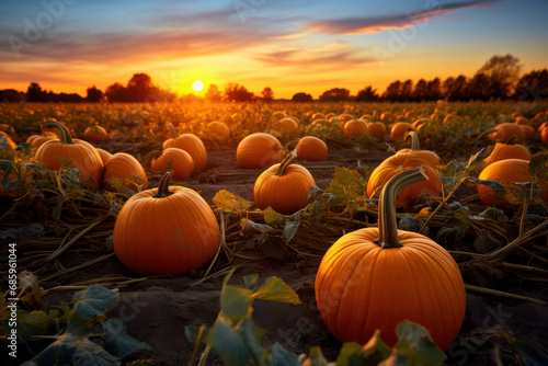 Pumpkins bask in the warm sunset glow on a farm field  a picturesque autumn scene in Canada. AI Generative.