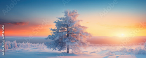 Lapland's winter wonderland unfolds at sunset, with frozen trees enhancing the panoramic scenery. This seasonal snapshot is AI Generative. photo
