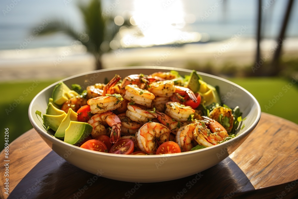 Shrimp, Avocado, Tomato and Cilantro Salad. Grilled prawns on black plate. Shrimp, Avocado, Tomato and Cilantro Salad. Grilled prawns on black plate.