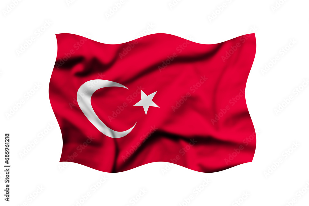 The flag of Turkey is waving in the wind on a transparent background. 3d rendering. Clipping path included The flag of Turkey is waving in the wind on a transparent background. 3d rendering. Clipping path included