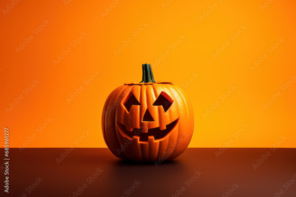 A festive and joyful jack-o-lantern pumpkin, bringing the spirit of Halloween to life on an orange background. AI Generative. A festive and joyful jack-o-lantern pumpkin, bringing the spirit of Halloween to life on an orange background. AI Generative.