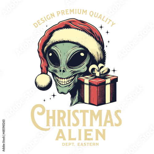 Print design Christmas alien with Santa hat and gift, Ufo collection mars vintage