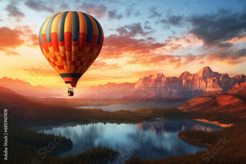 A majestic hot air balloon floats near sunlight over mountains. Thrilling exploration in a colorful, high-flying journey. AI Generative masterpiece is. © Alisa