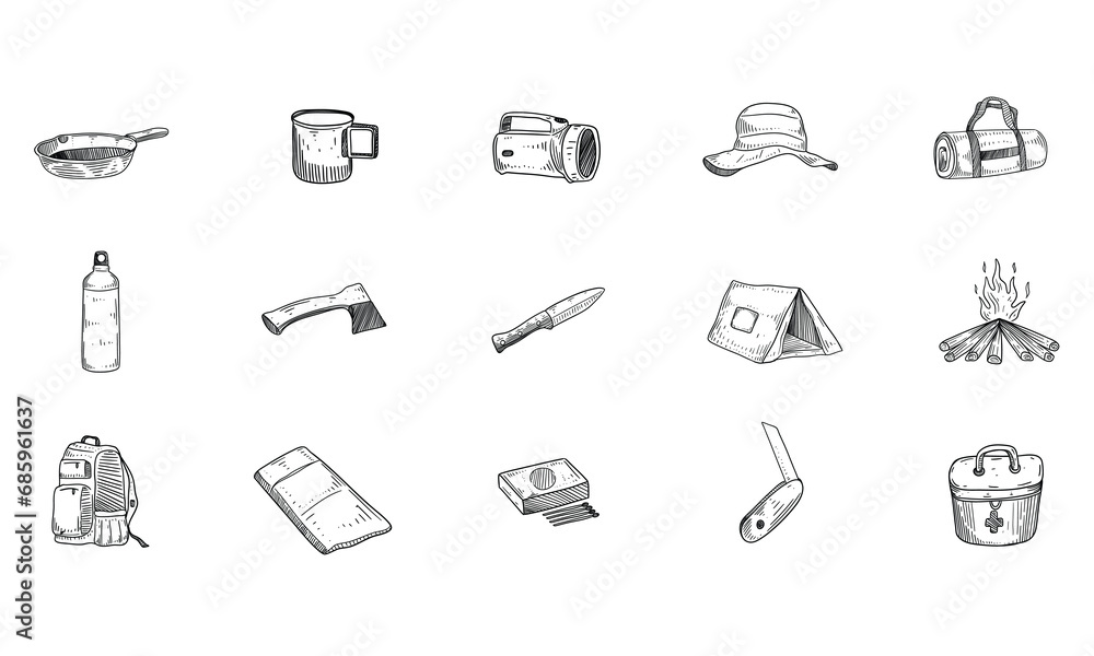 Fototapeta premium camping equipment handdrawn collection