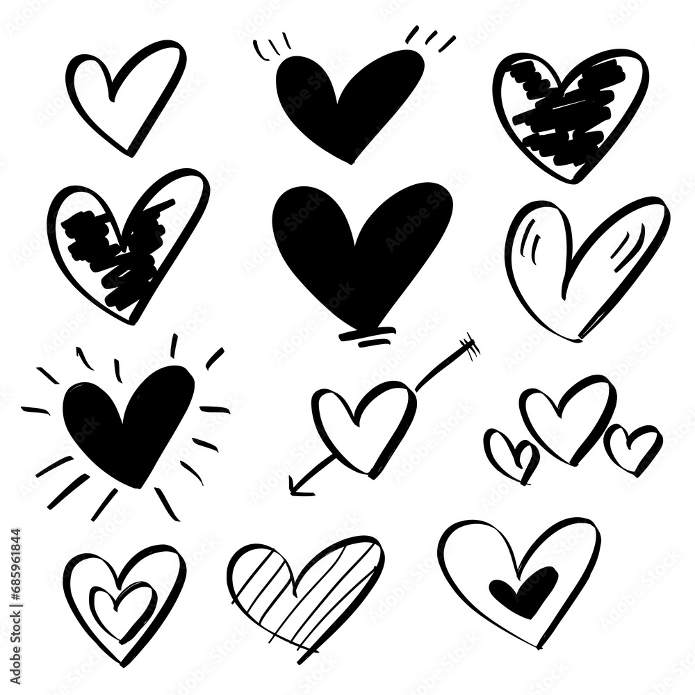 Set Collection of unique hand drawn hearts. Painted design elements Set Collection of unique hand drawn hearts. Painted design elements