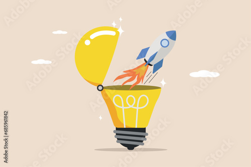 Innovation to launch a new idea, entrepreneurship or startup, creativity to start a business, launch of an innovative rocket flying high from the opening of a bright light bulb idea.