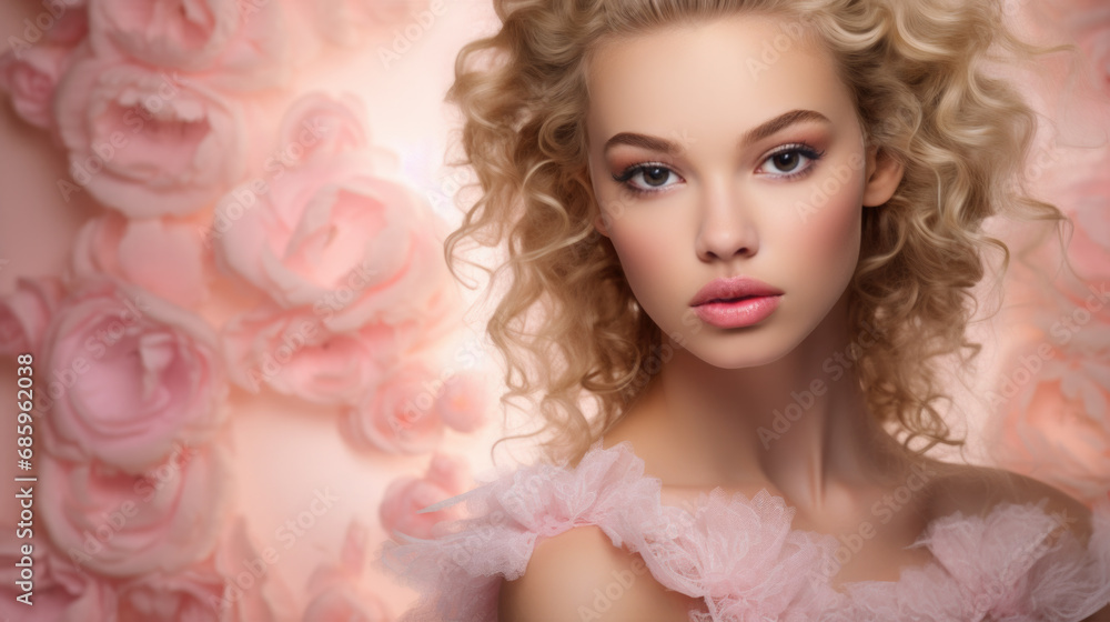 Studio portrait of a blond female fashion model standing in front of a backdrop of pink roses. 