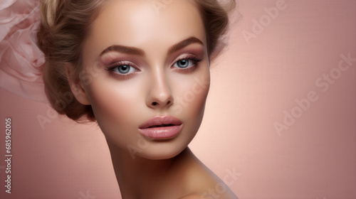 Closeup studio portrait of a female fashion model with blond hair standing in front of a plain backdrop.