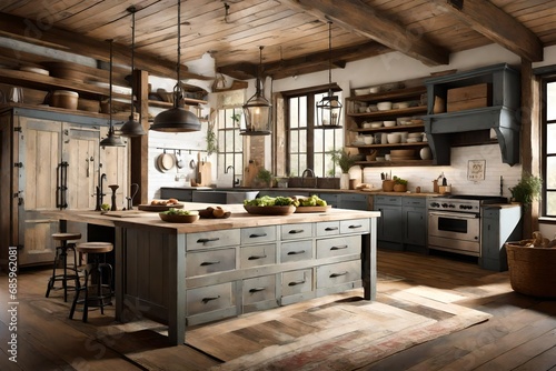 a rustic kitchen with vintage charm, showcasing distressed finishes, reclaimed materials
