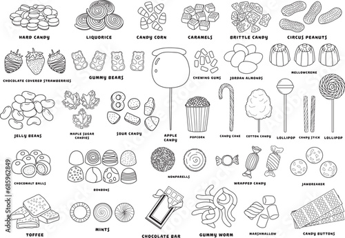 Hand drawn set different types Of candy Collection icon set different types Of sweets in doodle style