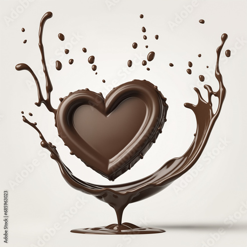 3D render of an isolated heart shaped Chocolate truffle with impactful Splash and chocolate drops and ripple cocoa powder and nuts and milk flow ice cream