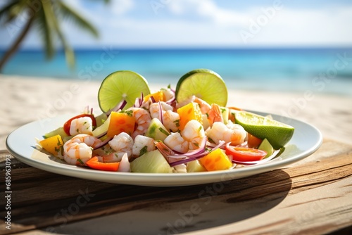 Ceviche gourmet sea food on the table. Delicious ceviche of shrimp with vegetables  spices and lime close up on a plate. Luxury outdoor restaurant with sea background and sunny weather