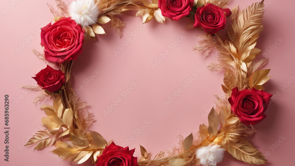round wreath created by golden leaves and red rose
