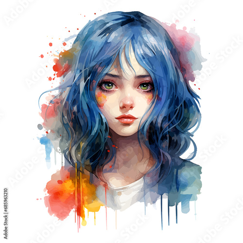 Watercolor cute anime girl, isolated on transparent background.