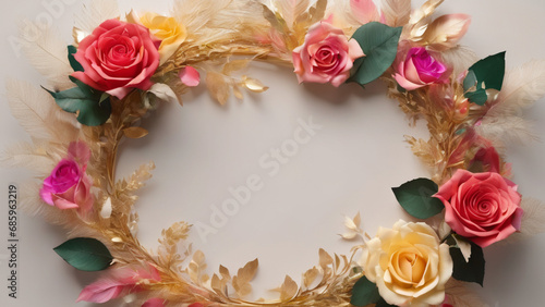 golden feathers and red yellow rose wreath