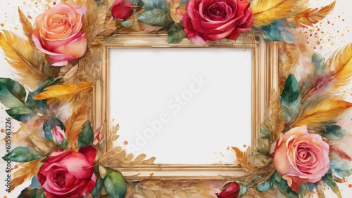golden frame with red rose and golden feathers