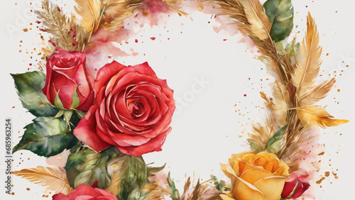 red and yellow rose golden frame wreath watercolor style