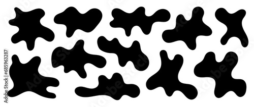 Abstract organic shapes collection. Irregular liquid forms set. Black amoeba blobs, blotches, drops or stains bundle. Different design elements for decor, sticker, banner, bubble, collage. Vector pack