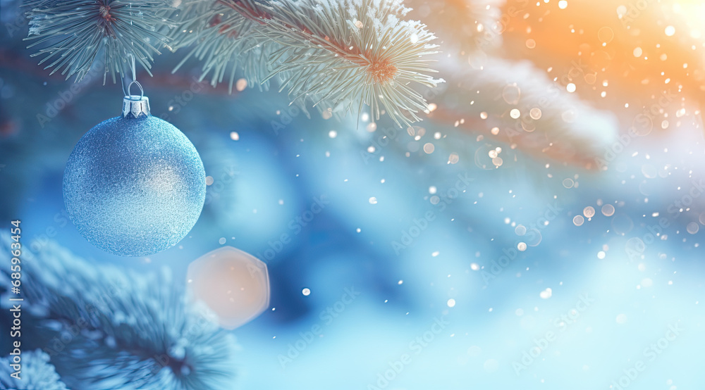 Christmas Tree With Ornaments In Blue And Bokeh Lights: Defucused Holiday Christmas Background Christmas Tree With Ornaments In Blue And Bokeh Lights: Defucused Holiday Christmas Background
