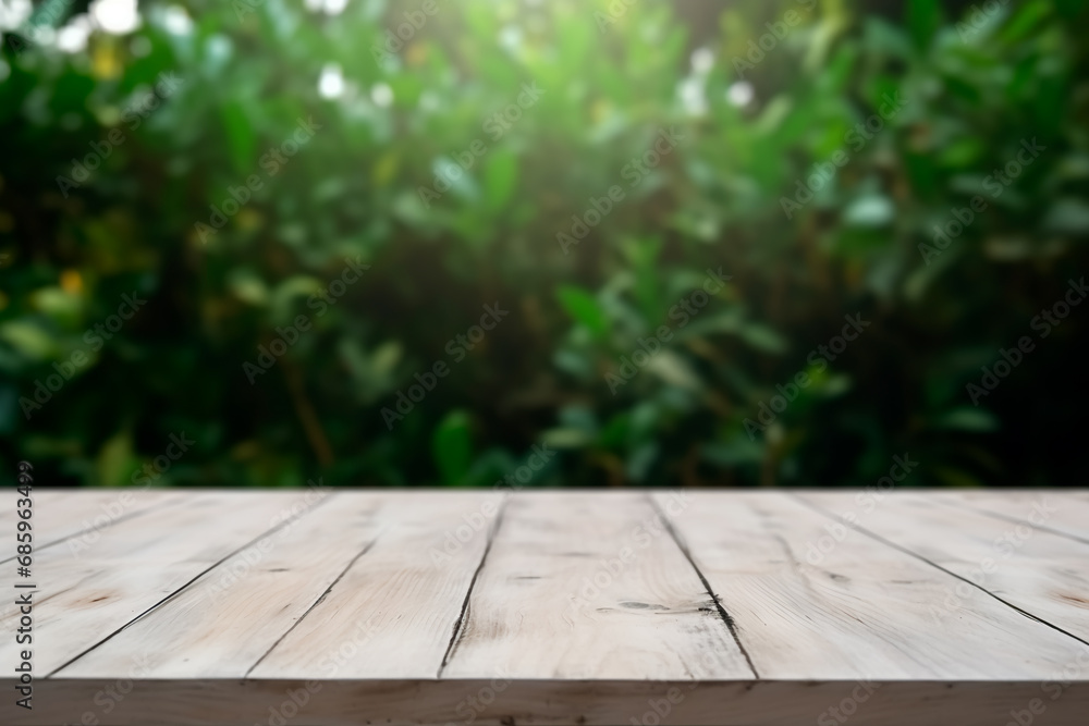 Empty old white wooden table or counter with a background of green leaves, ideal for displaying or montage of your products. Bright image. Empty old white wooden table or counter with a background of green leaves, ideal for displaying or montage of your products. Bright image.