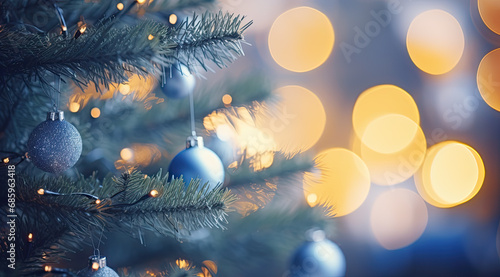 Christmas Tree With Ornaments In Blue And Bokeh Lights: Defucused Holiday Christmas Background photo