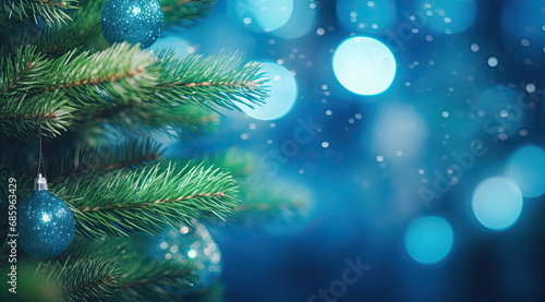 Christmas Tree With Ornaments In Blue And Bokeh Lights: Defucused Holiday Christmas Background