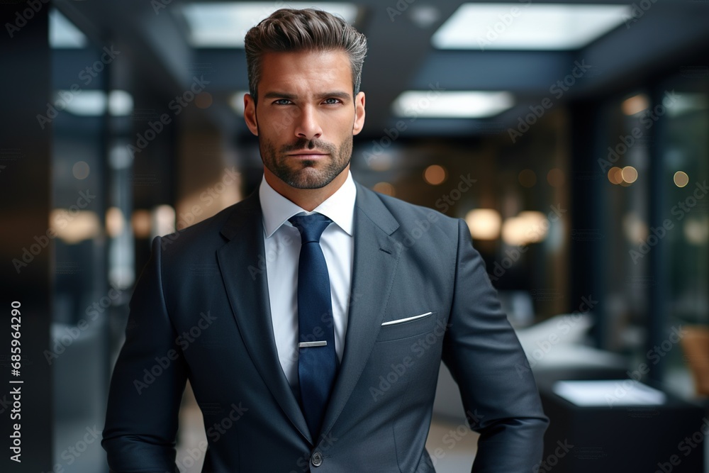 Portrait of a handsome CEO with blurry office as background. Portrait of a handsome CEO with blurry office as background.