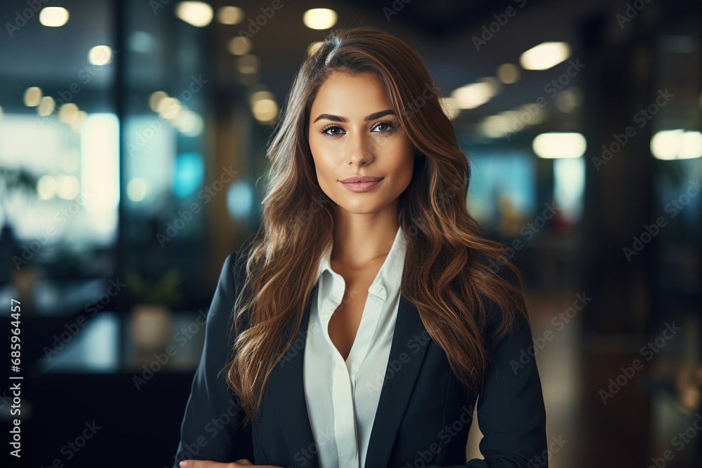 Portrait of young attractive caucasian female office worker in formal business suits smiling at camera in office with blurry office as background. Portrait of young attractive caucasian female office worker in formal business suits smiling at camera in office with blurry office as background.
