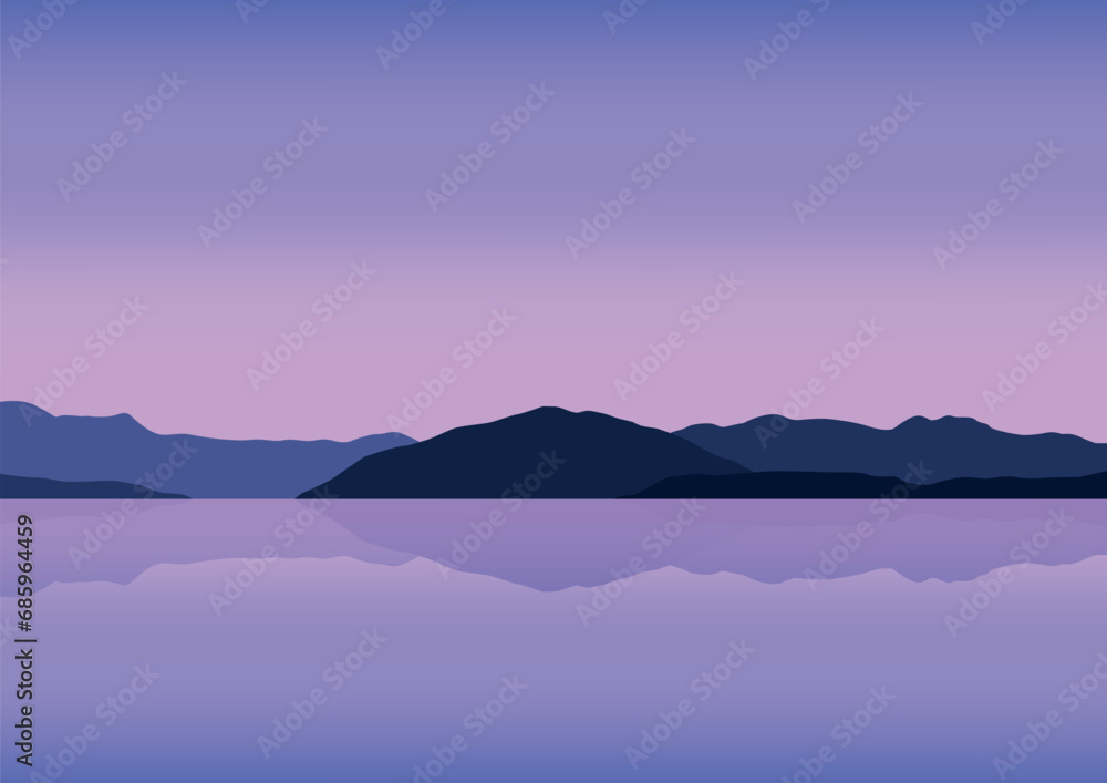 Landscape mountains and lake panorama, vector illustration.