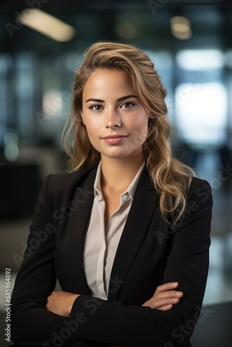 Portrait of young attractive caucasian female office worker in formal business suits smiling at camera in office with blurry office as background.