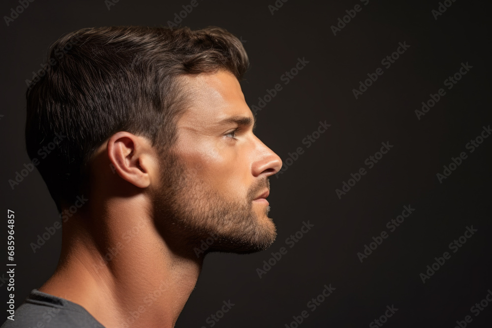 Fototapeta premium Young attractive muscled man, face side view