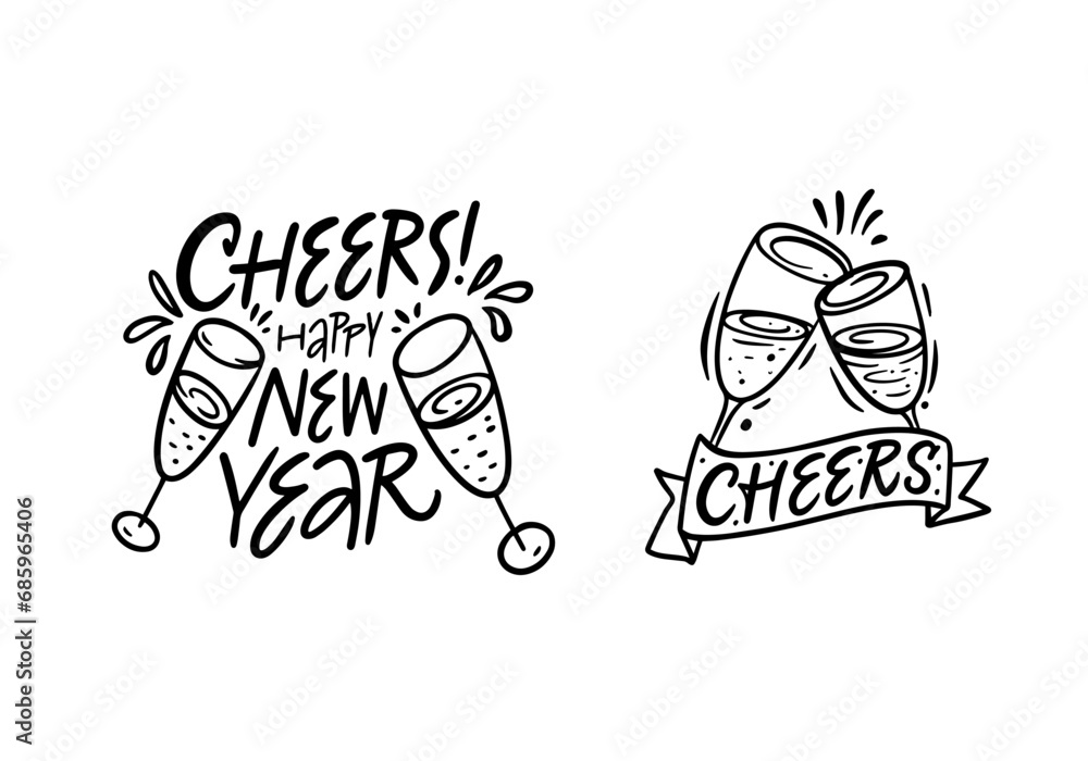 Cheers happy New Year and Cheers sign black color lettering phrases set.