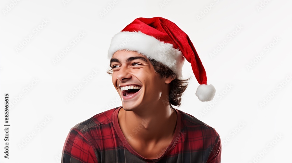 Fun young pretty guy in red hat and sweater with , smiling. Studio portrait on white background, isolated. New Year, Christmas Fun young pretty guy in red hat and sweater with , smiling. Studio portrait on white background, isolated. New Year, Christmas