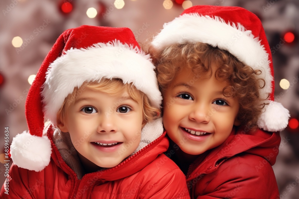Two children, boys in red hats and sweaters, smiling, laughing and looking at the camera. Studio portrait on black background. New Year, Christmas Two children, boys in red hats and sweaters, smiling, laughing and looking at the camera. Studio portrait on black background. New Year, Christmas