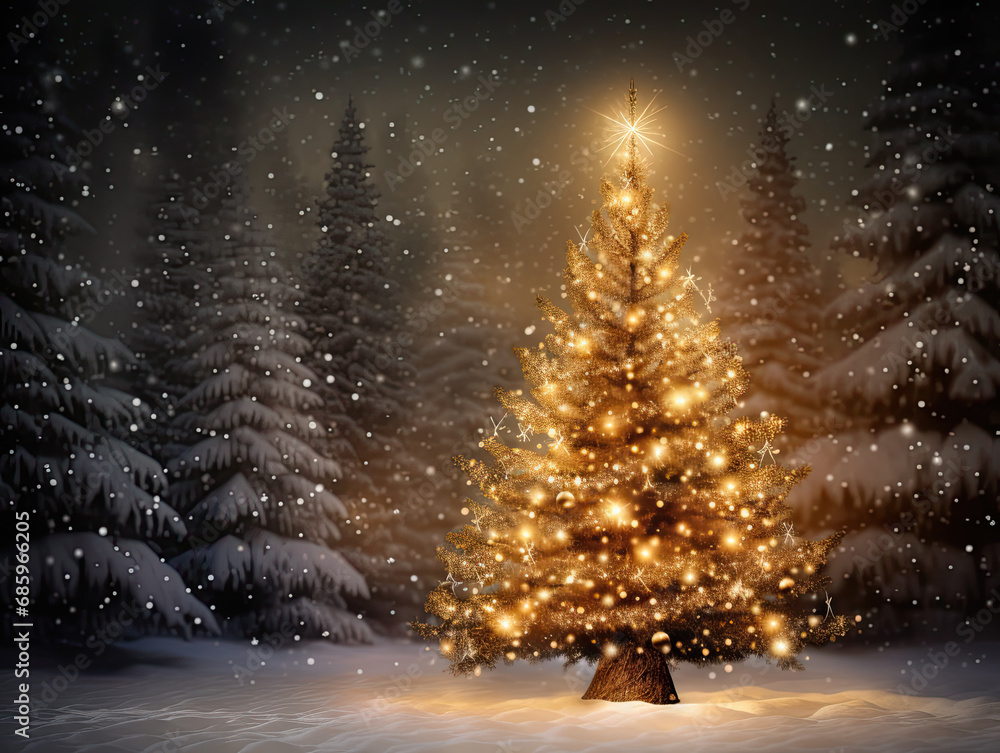 Gold Christmas tree, snowy night, gold bokeh, 