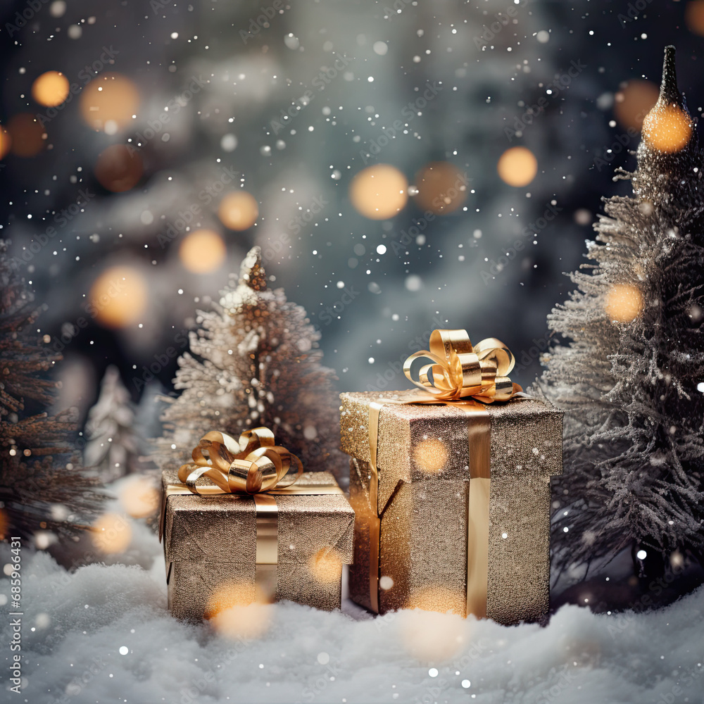 close up of Christmas tree a snowy night, gold bokeh, Christmas gift boxs, Christmas background