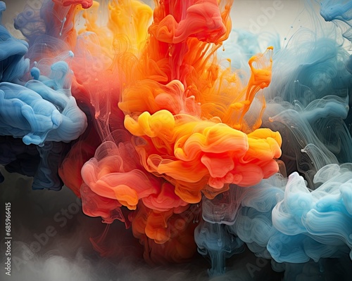 Vivid orange and blue smoke, abstract color explosion, blending plumes, soft-focus background, color contrast, dynamic swirls, fluid motion, high-resolution image, artistic composition.
