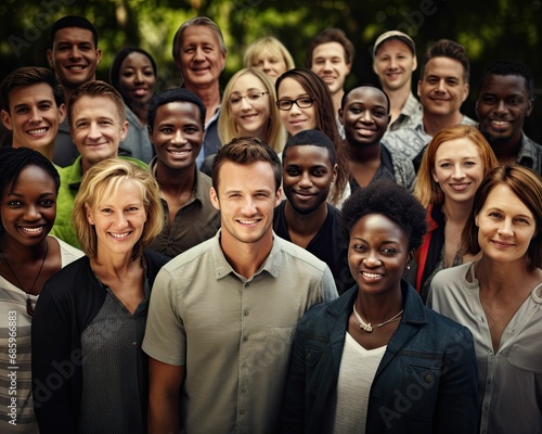 Multicultural Community Gathering Outdoor, large group, multicultural individuals, smiling faces, casual clothing, unity, community, grass background Diverse community portrait, multicultural group