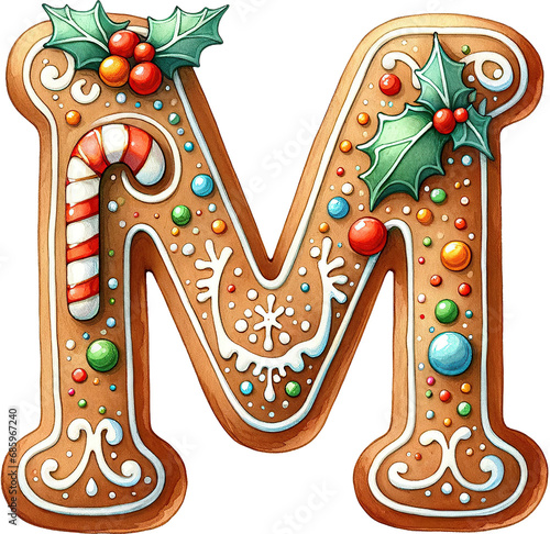 letter M christmas gingerbread cookies alphabet, xmas letter in holiday font cute watecolor style photo