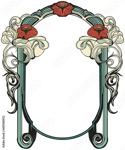 Red poppy art nouveau style frame, black line work