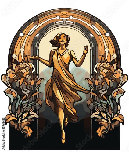 Leaf arch stained glass window with woman in 1920s style dress running through opening, mountain scene in background, yellow and gold tones