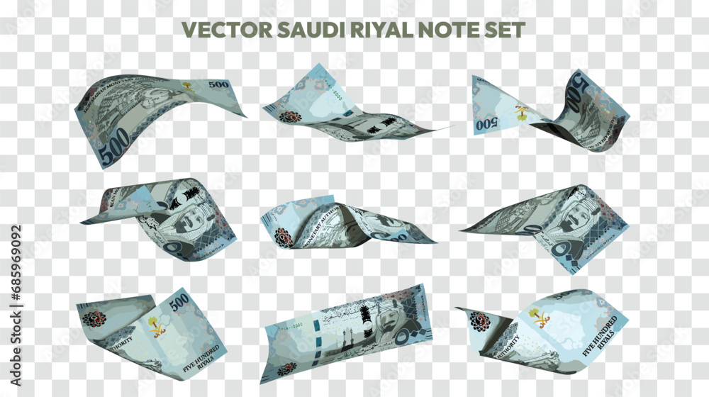 Vector illustration of set of Saudi riyal notes flying in different angles and orientations. Currency note design in Scalable eps format - obrazy, fototapety, plakaty 