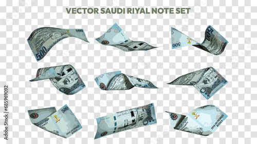 Vector illustration of set of Saudi riyal notes flying in different angles and orientations. Currency note design in Scalable eps format