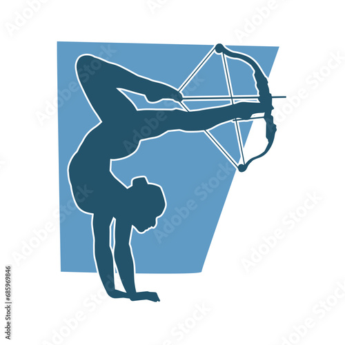 Silhouette of a female warrior with archery weapon. Silhouette of an archer woman in acrobatic pose.
