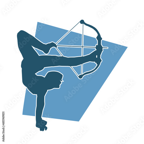 Silhouette of a female warrior with archery weapon. Silhouette of an archer woman in acrobatic pose.