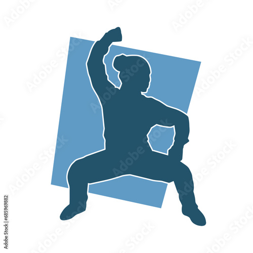 Silhouette of a slim female doing martial art pose. Silhouette of a martial art woman in action pose.